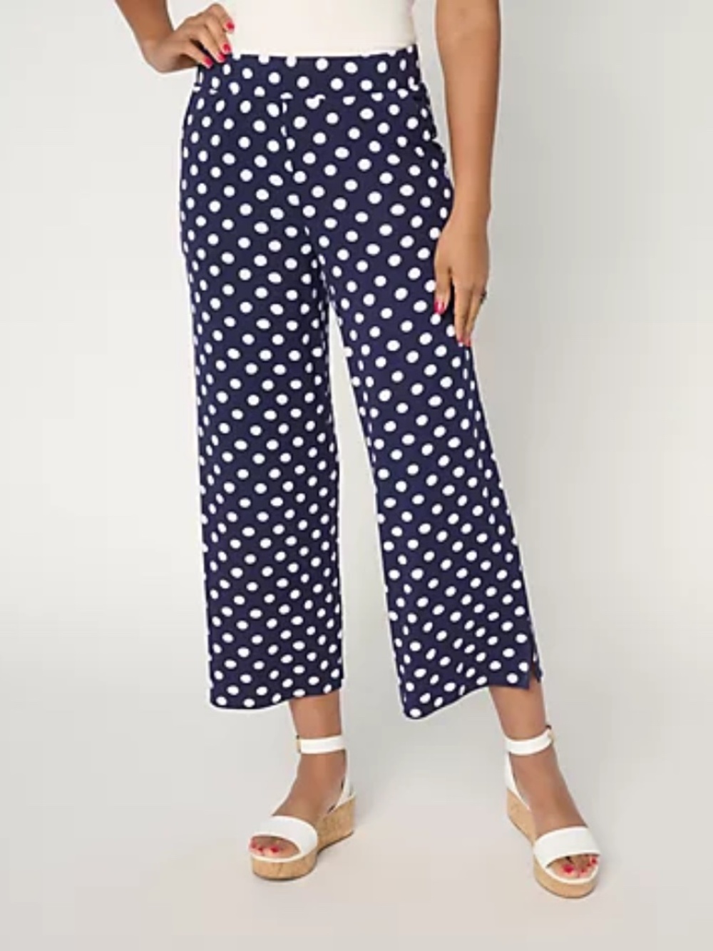 Susan Graver Soleil Petite Knit Printed Ankle Pant, Navy Dot Sz PL a722076